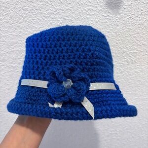Blue Crochet Women's Hat with Flower Accent